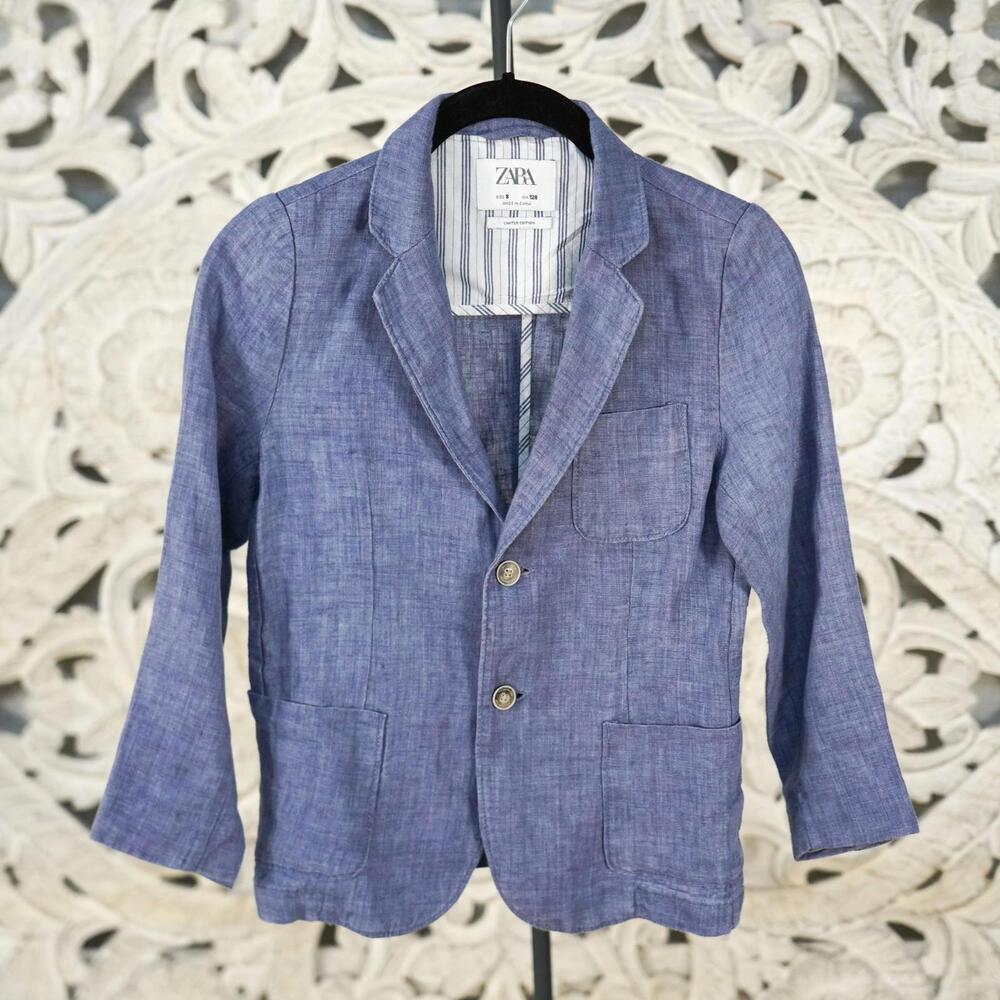 Zara Boys Limited Edition Blue 100% Linen Blazer Size 8 (128 cm) Jacket